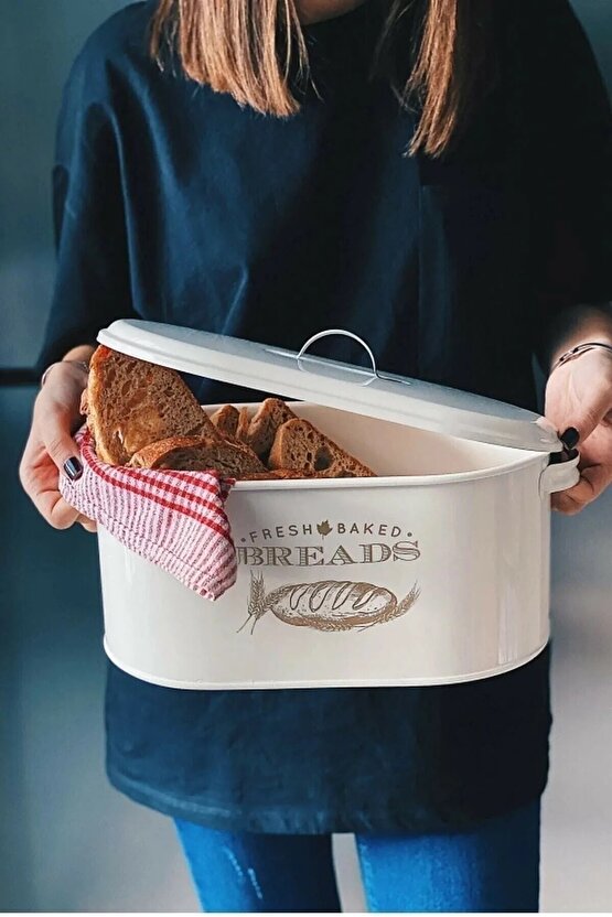 Lüx Metal Kapaklı Kulplu Beyaz Ekmeklik