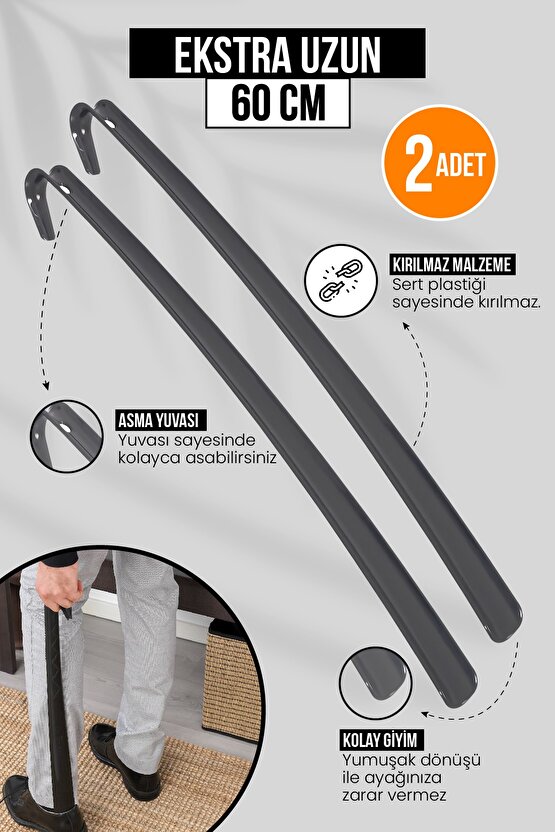 2 Adet - Antrasit 60 Cm Ayakkabı Çekeceği | Sert Plastik Asılabilir Çekecek Yumuşak Kerata Uzun