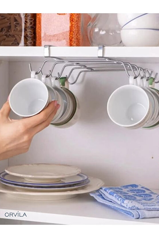 Raf Altı Asılabilir 10 Kancalı Fincan Ve Kupa Bardak Askılığı - Krom