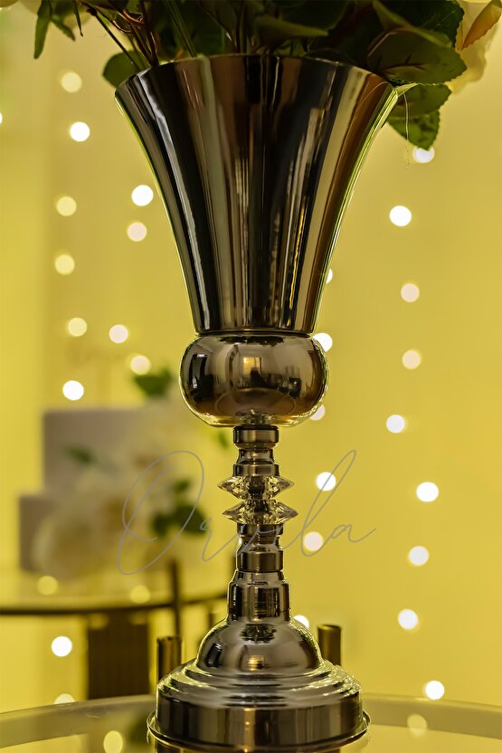 Dekoratif Gümüş Renk Taşlı Kupa Vazo Söz Nişan Düğün Konsept