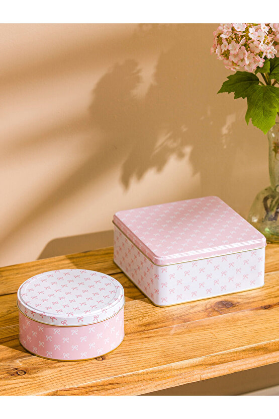 Pembe Fiyonk Baskılı Metal Saklama Kabı 2li