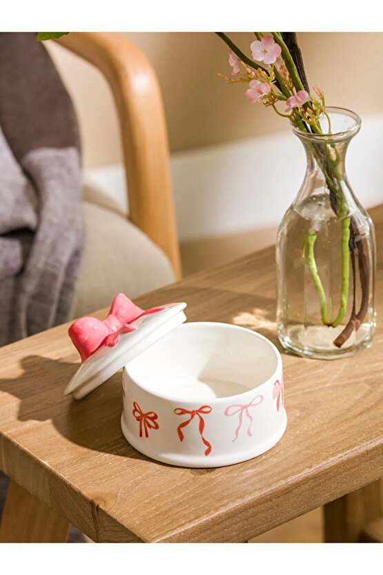 LCW HOME Kırmızı Fiyonk Baskılı Seramik Saklama Kabı 9 Cm