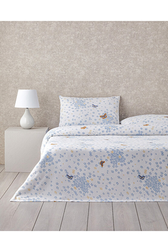 Butterfly Art Baskılı King Size Pike Takımı 240x220 cm Mavi