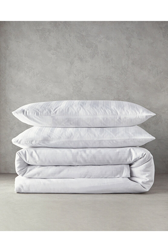 Lior Çizgili Pamuk Saten Çift Kişilik Nevresim Takımı 200x220 cm Beyaz