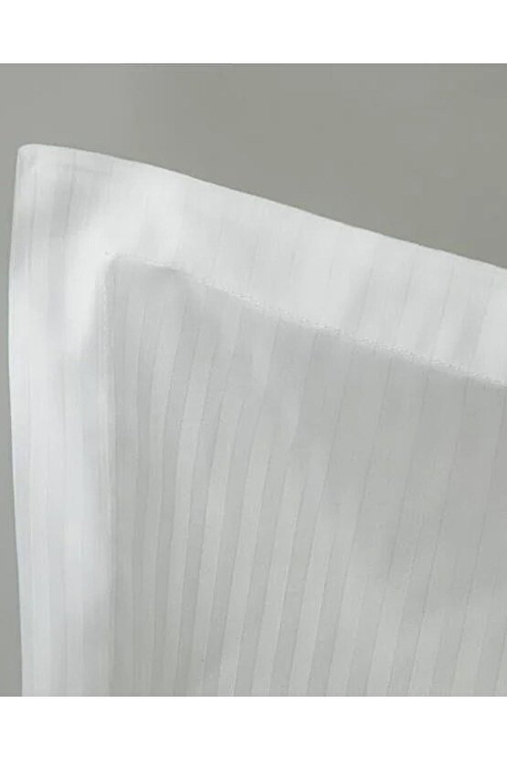 Deluxe Çizgili Pamuk Saten Kulaklı 2 li Yastık Klıfı Beyaz Whıte Collectıon