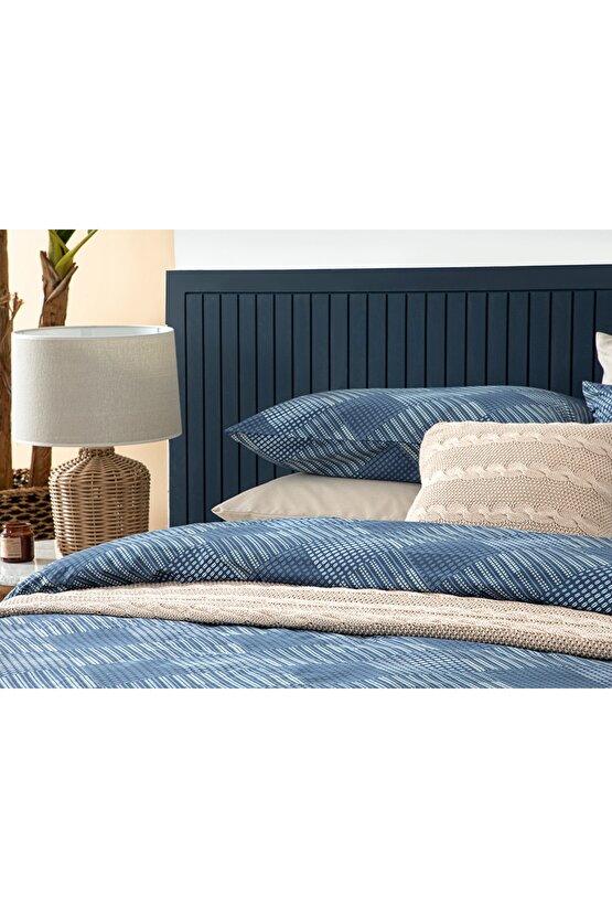Dotted Check Pamuklu Çift Kişilik Nevresım Setı 200x220 Cm Lacivert