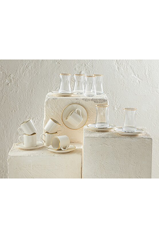 Novia Porselen 6 Kişilik 18 Parça Çay-kahve Takımı 80-160 Ml Gold
