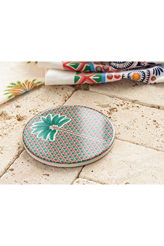 Exotic Palm Seramik Bardak Altlığı 10,8 Cm Pembe - Yeşil