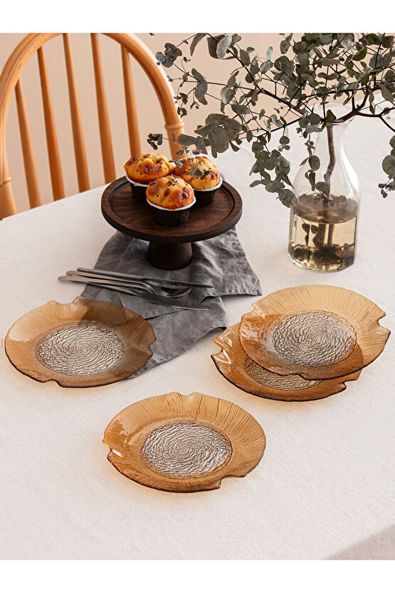 LCW HOME Koyu Bej Desenli Cam Pasta Tabağı Seti 4lü