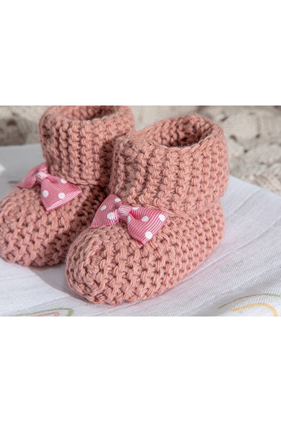 Soft Triko Fiyonklu Bebe Çorap 6-12 Ay Gül Kurusu