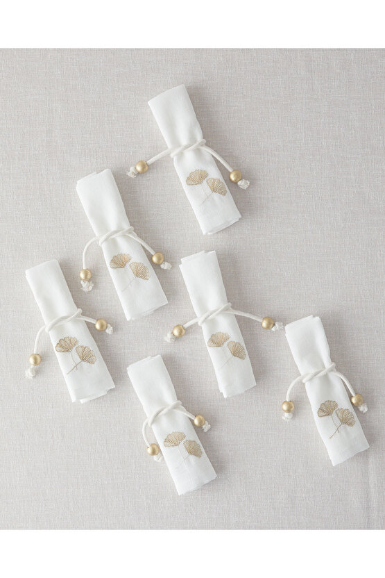 Gingko Polyester 6 Adet Peçeteli Masa Örtüsü 150x200 cm Krem-Gold