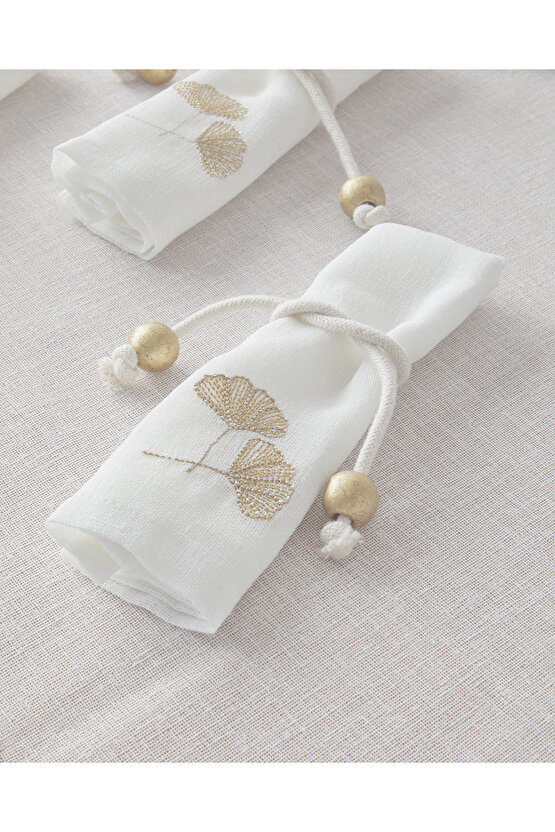 Gingko Polyester 6 Adet Peçeteli Masa Örtüsü 150x200 cm Krem-Gold