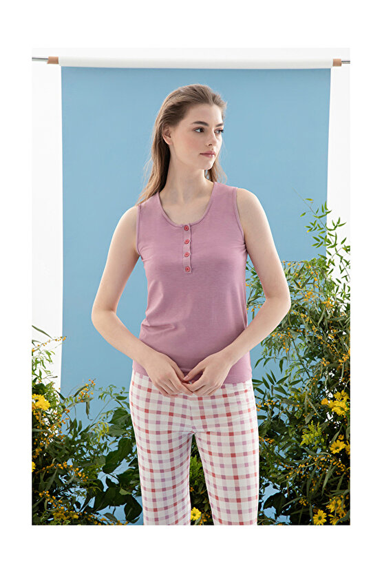 Summer Check Viskon Kadın Pijama Takımı Lila