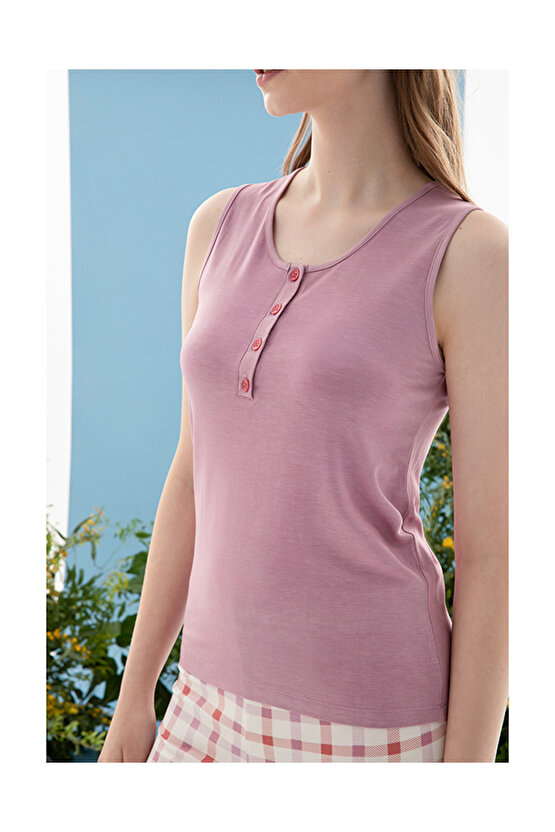 Summer Check Viskon Kadın Pijama Takımı Lila