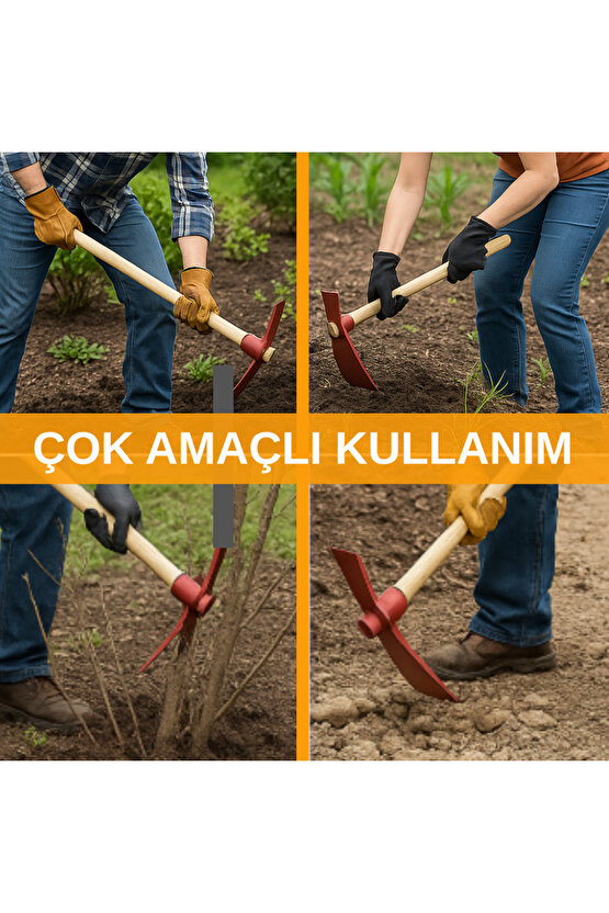 Bahçe Çapa Kazma Toprak Havalandırma Yabani Ot Temizleme Profesyonel Ergonomik Ahşap Kırmızı 40 CM