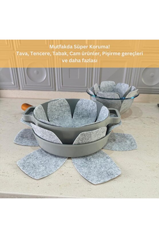 12li Set Tava Tencere Koruyucu ve Düzenleyici Keçesi (Gri)
