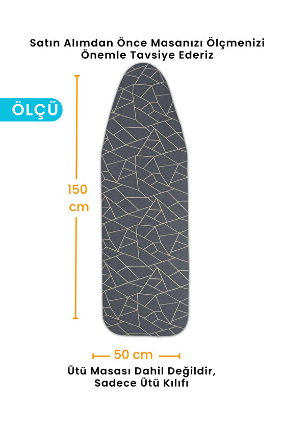 Ütü Masası Kılıfı Örtüsü Bezi, Keçeli,süngerli, Ipli Yanmaz Ayarlanabilir 50x150 Cm Gri