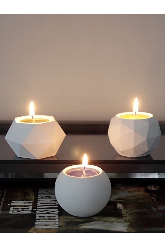 Tealight Beton Mumluk 3 Lü Set, Dekoratif Hediyelik Ham Beyaz 5 X 7 Cm