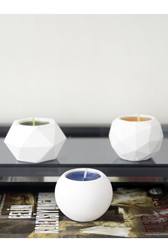 Tealight Beton Mumluk 3 Lü Set, Dekoratif Hediyelik Ham Beyaz 5 X 7 Cm