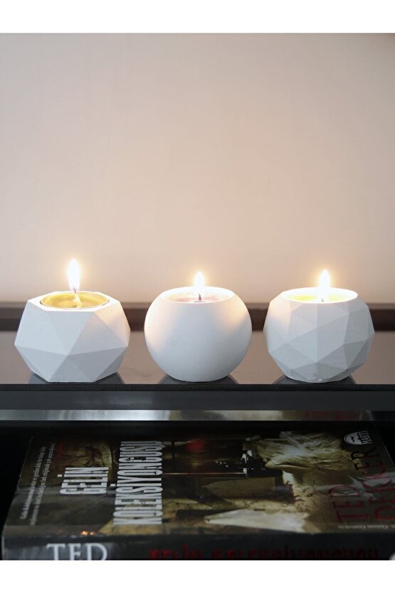 Tealight Beton Mumluk 3 Lü Set, Dekoratif Hediyelik Ham Beyaz 5 X 7 Cm