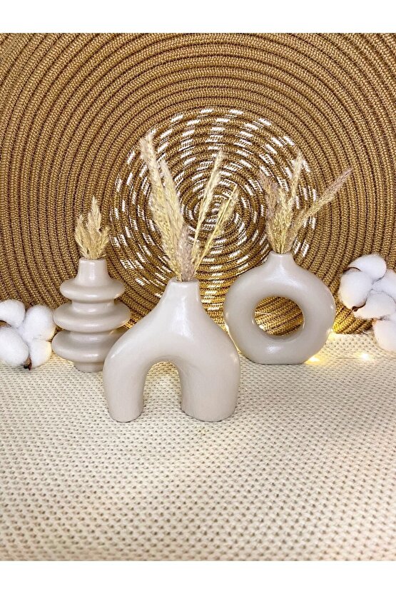 Dekoratif 10cm Taş Rengi Küçük 3 Adet Minimal Bohem Vazo Ev Salon Tv Ünitesi Kitaplık Biblo Aksesuar