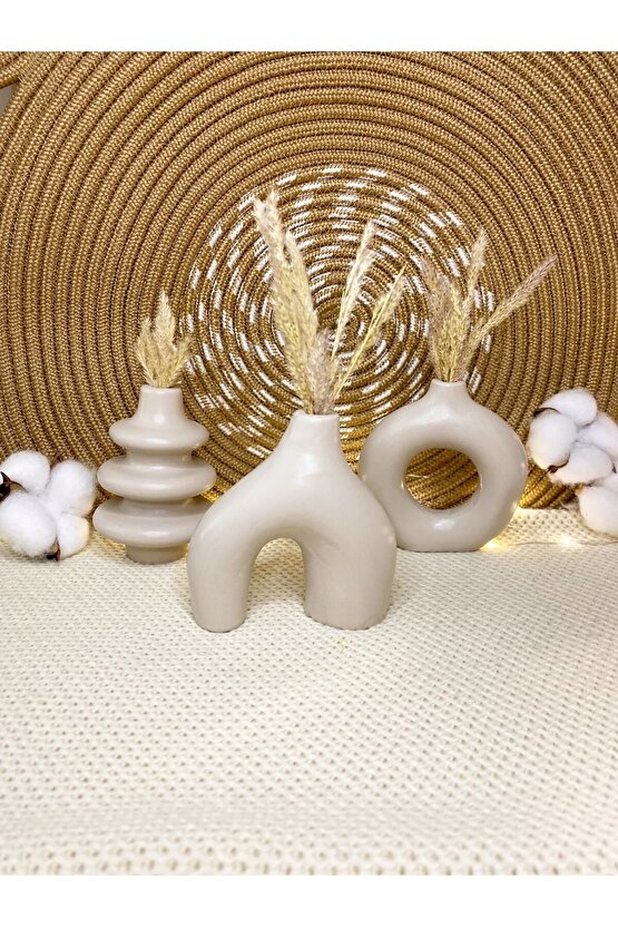 Dekoratif 10cm Taş Rengi Küçük 3 Adet Minimal Bohem Vazo Ev Salon Tv Ünitesi Kitaplık Biblo Aksesuar