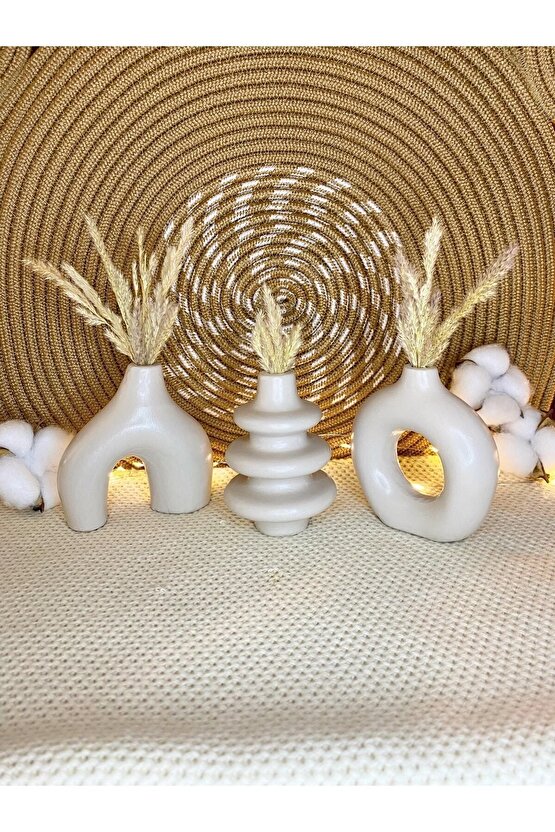 Dekoratif 10cm Taş Rengi Küçük 3 Adet Minimal Bohem Vazo Ev Salon Tv Ünitesi Kitaplık Biblo Aksesuar