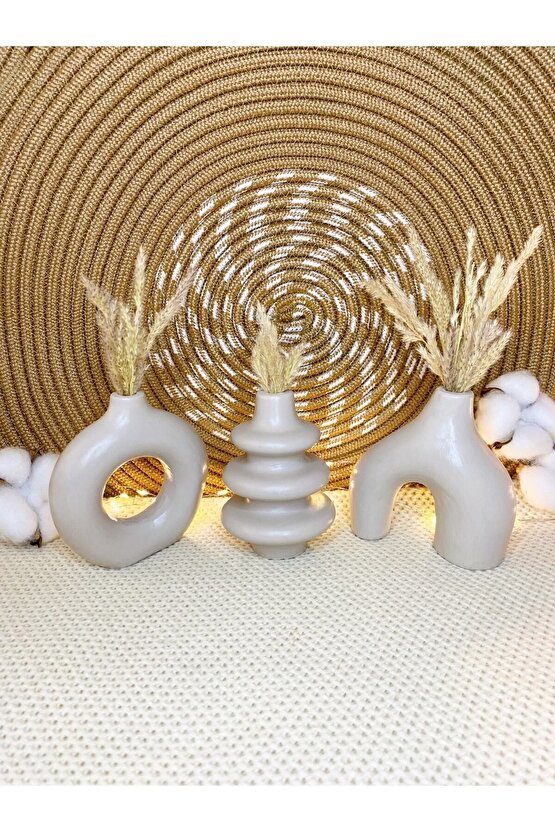 Dekoratif 10cm Taş Rengi Küçük 3 Adet Minimal Bohem Vazo Ev Salon Tv Ünitesi Kitaplık Biblo Aksesuar