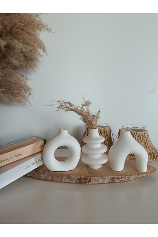 Minimal Vazo seti, 3 parça ev dekorasyon seti, beyaz, ev dekorasyonu