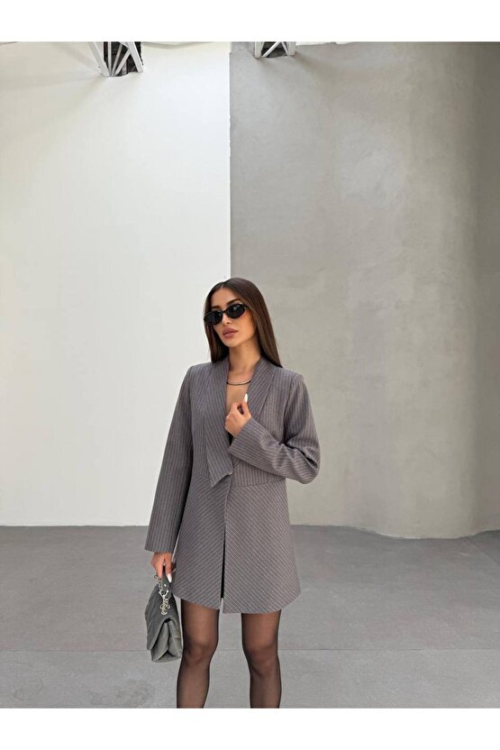 Şal Yaka Çizgili Blazer Ceket Elbise