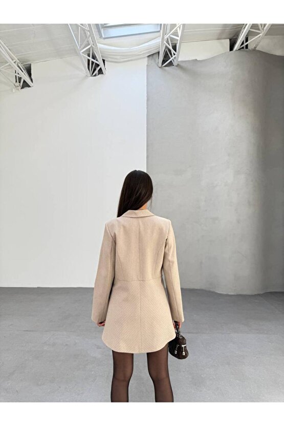 Şal Yaka Çizgili Blazer Ceket Elbise