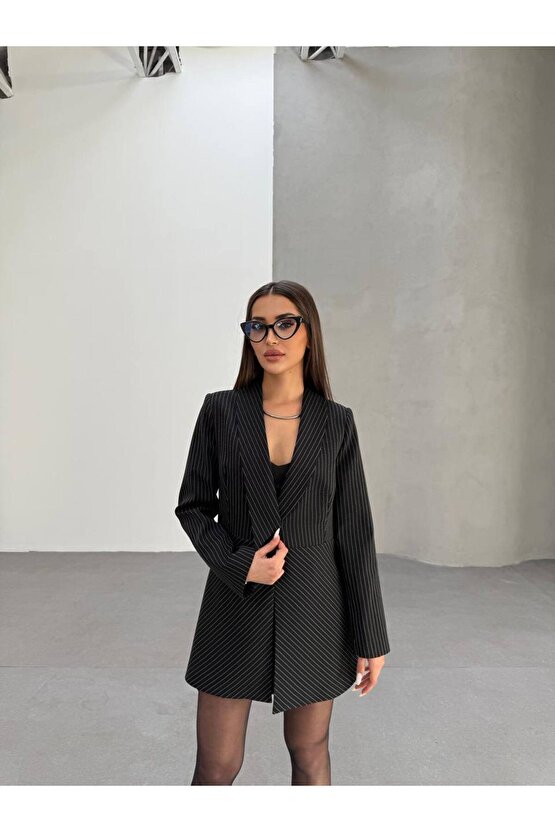 Şal Yaka Çizgili Blazer Ceket Elbise