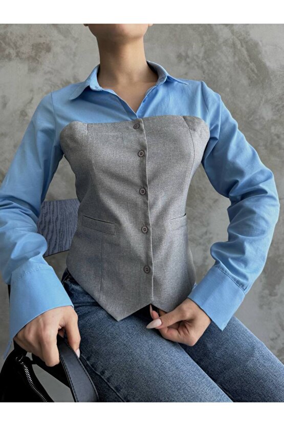 mavi-gri ikili görünüm gömlek