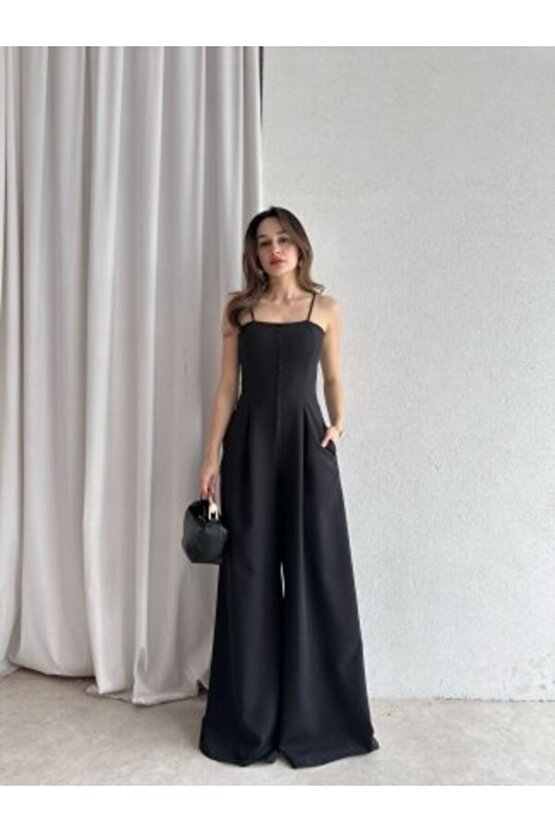 Kadın Askılı Kare Yaka Düğme Detaylı Tulum