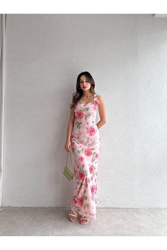 Kadın Astarlı Çiçek Desenli Uzun Tül Elbise