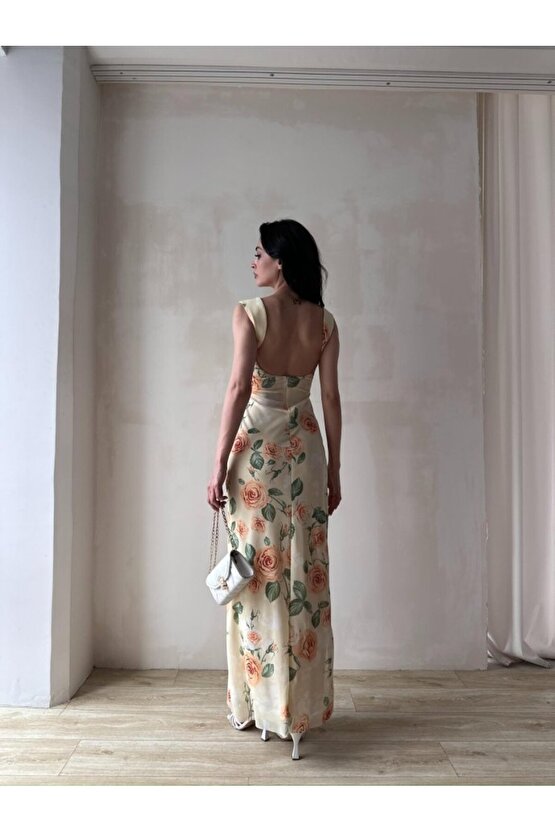 Kadın Astarlı Çiçek Desenli Uzun Tül Elbise