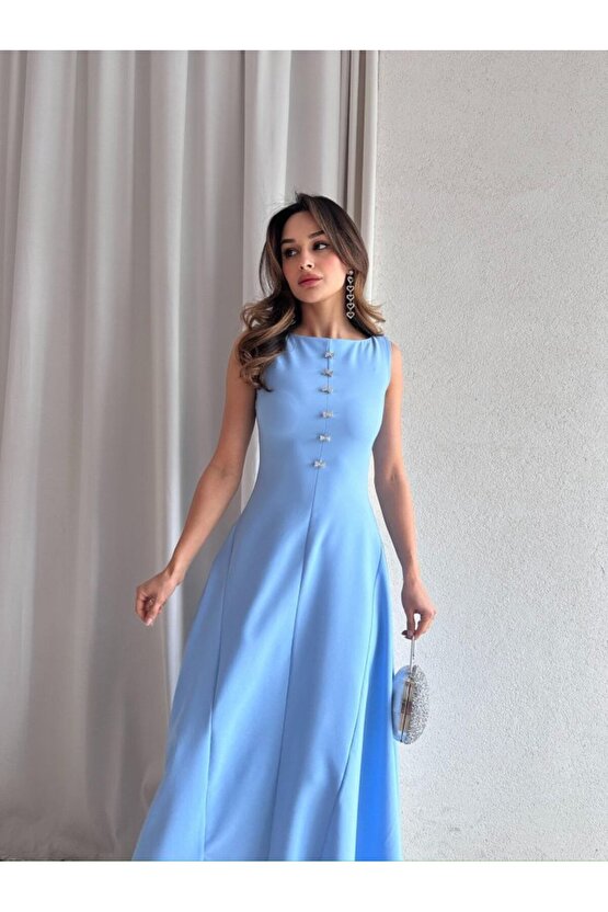 Kadın Taş Fiyonk Detaylı Uzun Elbise