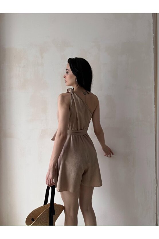 Kadın Tek Omuz Kuşaklı Mini Tulum