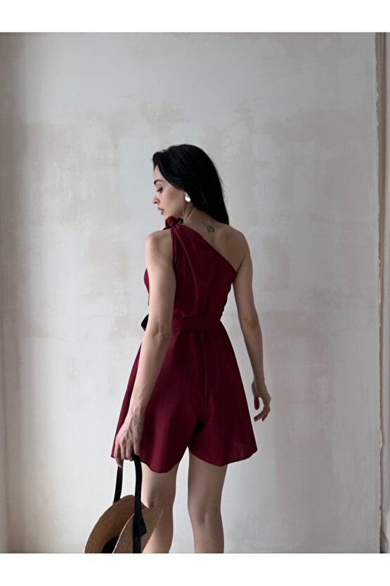 Kadın Tek Omuz Kuşaklı Mini Tulum