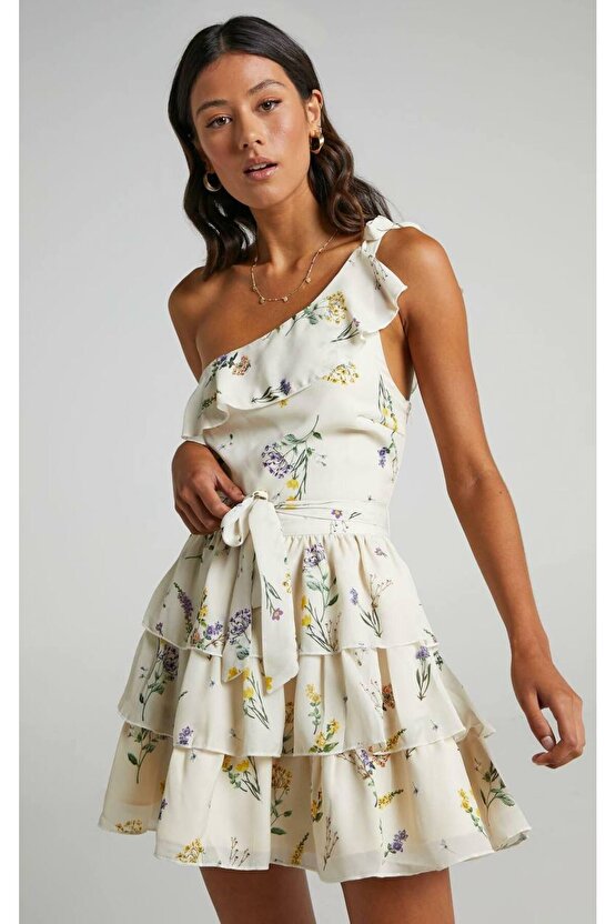 Kadın Kat Etek Tek Omuz Bağlamalı Krep Kumaş Beyaz Mini Elbise