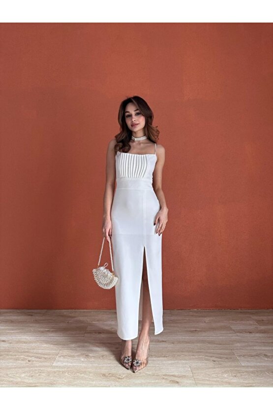 Kadın Askılı Yırtmaç Detaylı Atlas Kumaş Beyaz Uzun Elbise