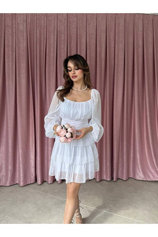 Kadın Kare Yaka Kat Etekli Transparan Kollu Mini Şifon Elbise