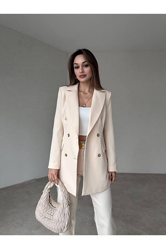 Kadın Çift Düğme Atlas Kumaş Ceket