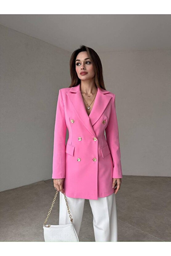 Kadın Çift Düğme Atlas Kumaş Ceket