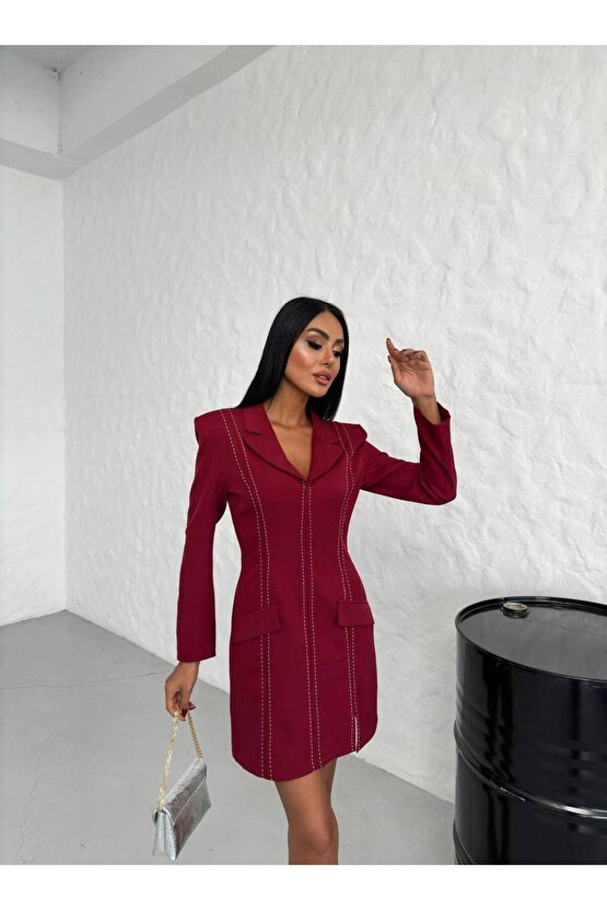 Kadın Gömlek Yaka Yırtmaçlı Çizgi Desen Atlas Kumaş Mini Elbise