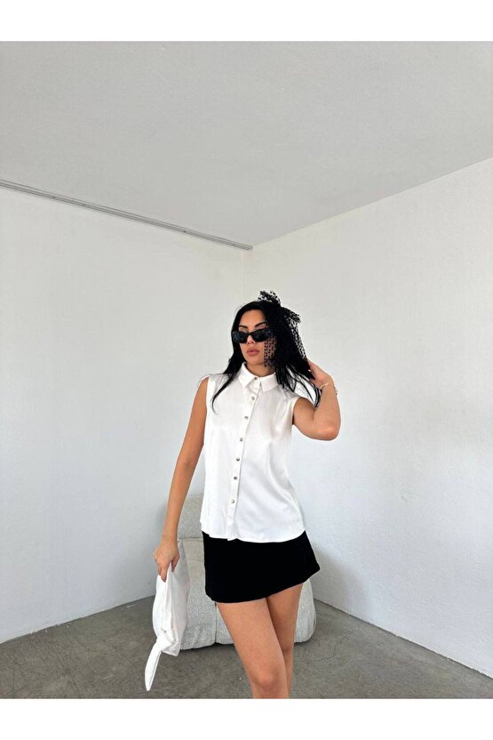 Sırt Taş Detaylı Krem Saten Gömlek