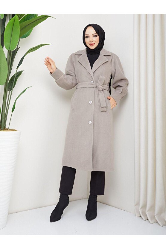 Kol Detaylı Kaşe Kumaş Kuşaklı Düğmeli Taş Midi Boy Kaban