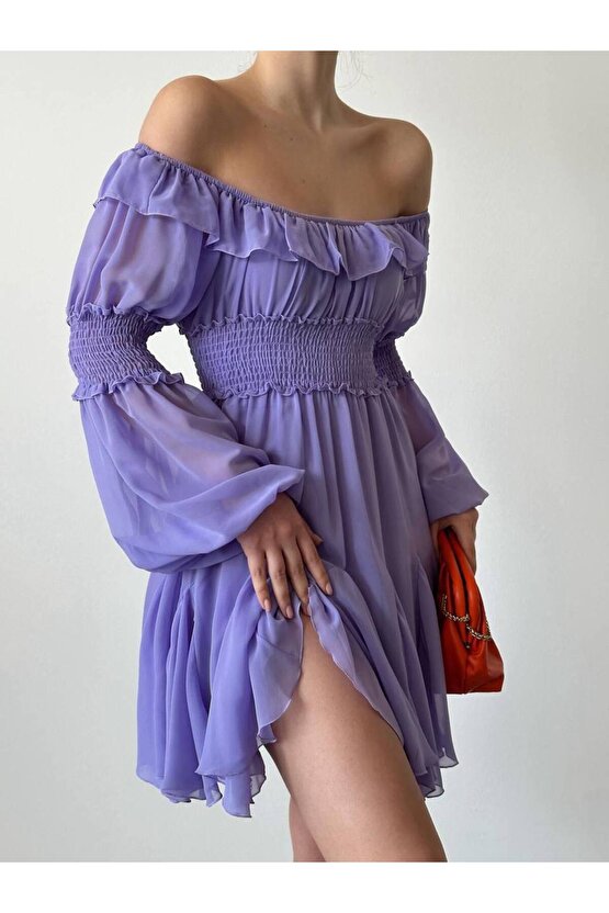Gipe Detaylı Mini Lila Şifon Elbise