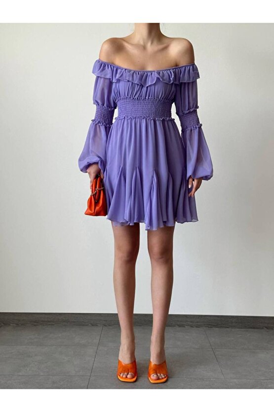 Gipe Detaylı Mini Lila Şifon Elbise