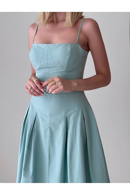 Pile Etek İnce Askılı Korse Formlu  Poplin Kumaş Su Yeşili Midi Elbise